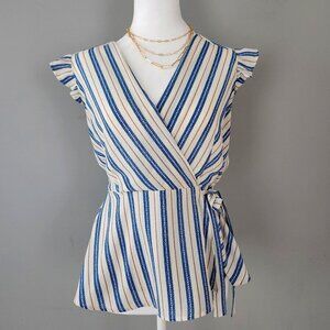 Monteau by Anthropologie Sleeveless Flutter Top Blue and White Stripes Size M